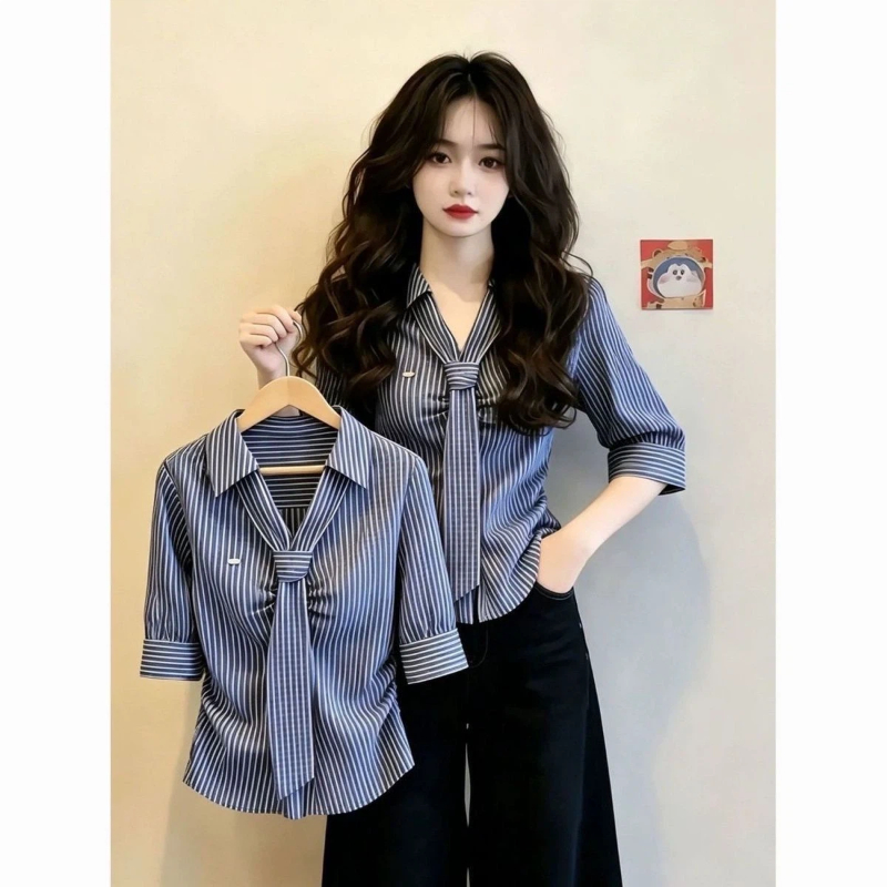 Summer Clothing Trends For Women - Элегантная блузка с воротником-стойкой, коротким рукавом,