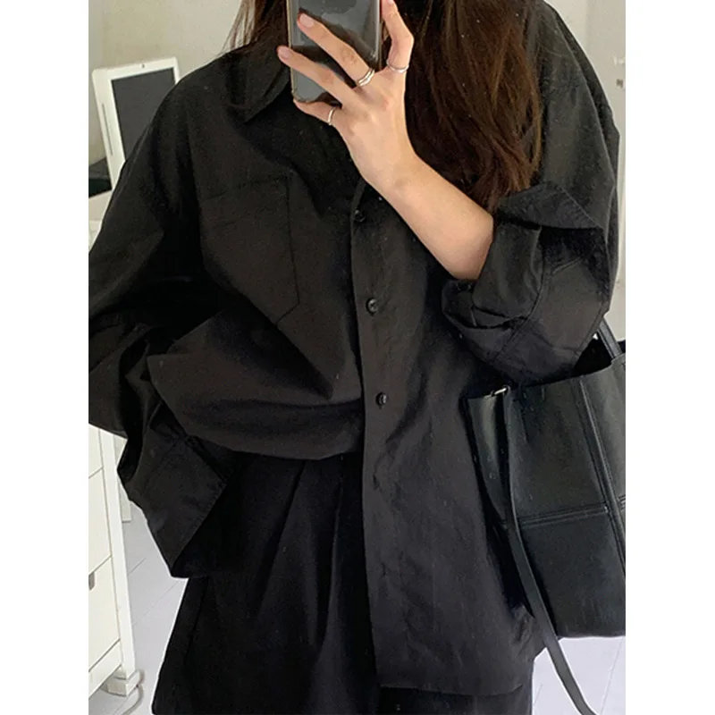 Summer Clothing Trends For Women - Весенняя черная Свободная рубашка, топы, Однотонная